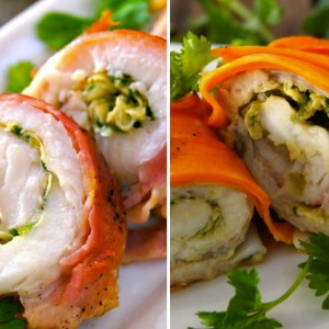 Fire Roasted Corn and Hatch Chile Stuffed Sole, Wrapped Two Ways: Bacon or Sweet Potato