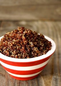 crispy quinoa recipe-red-white-bowl-wood table