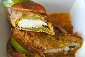 Mahi Mahi Stuffed Roasted Hatch Chiles with Tomato Lime Sauce