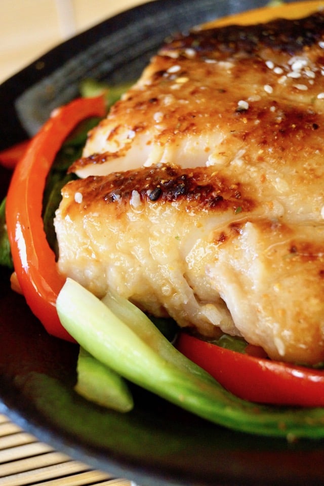 Broiled Black Cod (Sablefish) in black bowl with red pepper and bright green bok choy.