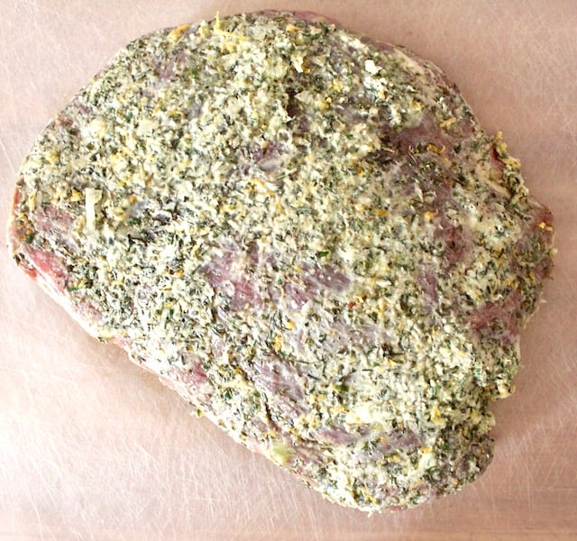 flank steak coated with herb marinade