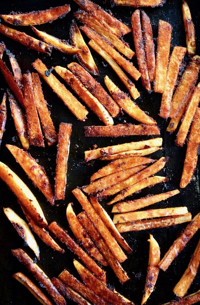 roasted Chipotle Parmesan Fries on baking sheet