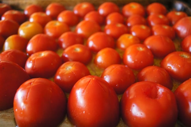 Tray of tomatoes getting ready to go in the oven for Smoky Chipotle Breakfast Nachos with Eggs.