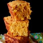 stack of 3 square cornbread pieces with title text at top