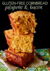 stack of 3 square cornbread pieces with title text at top