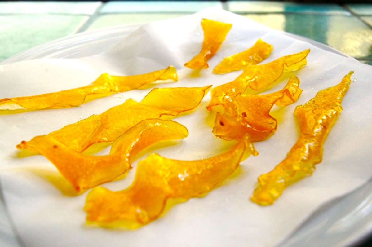 Candied-Citrus-Peels Candied lemon peels cut into strips on a paper towel.