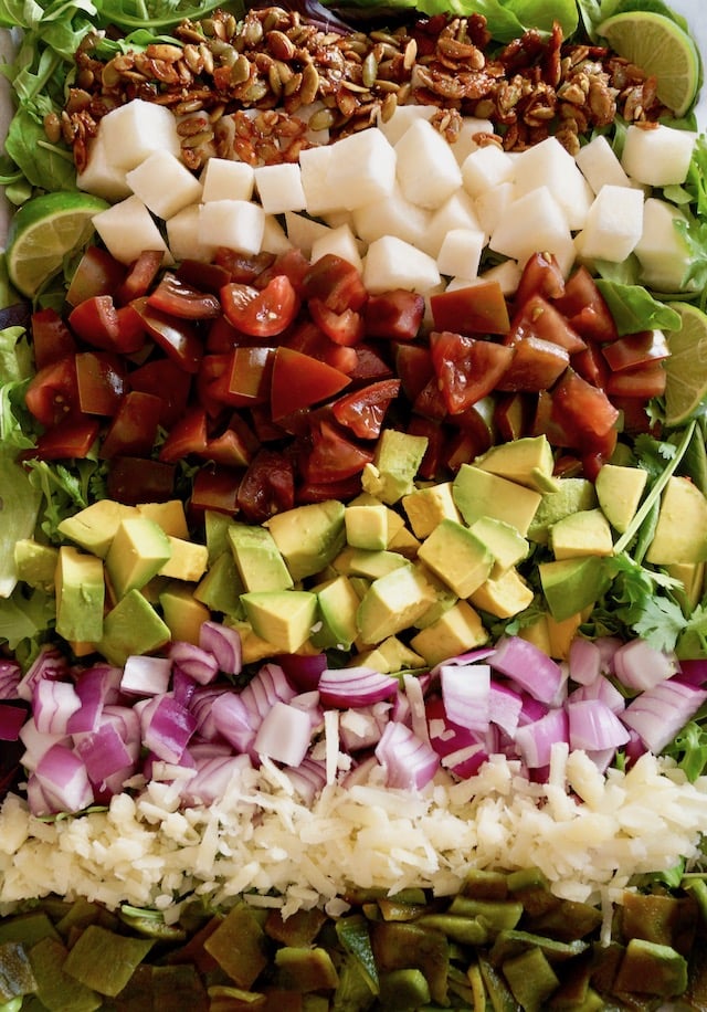 Rows of jicima, tomatoes, avocado, red onion, manchego cheese and roasted pobalnos for Mexican chopped salad with pepitas