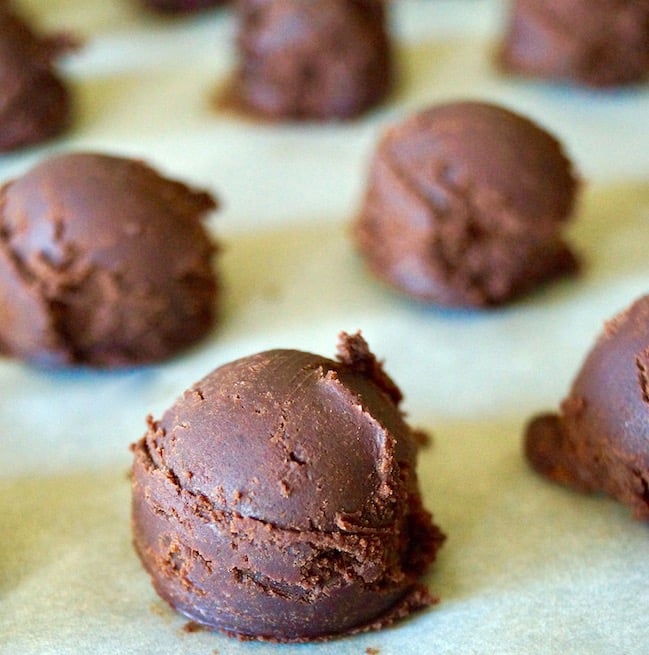 Close up of scooped chocolate ganache for Spicy Mayan Chocolate Truffles.