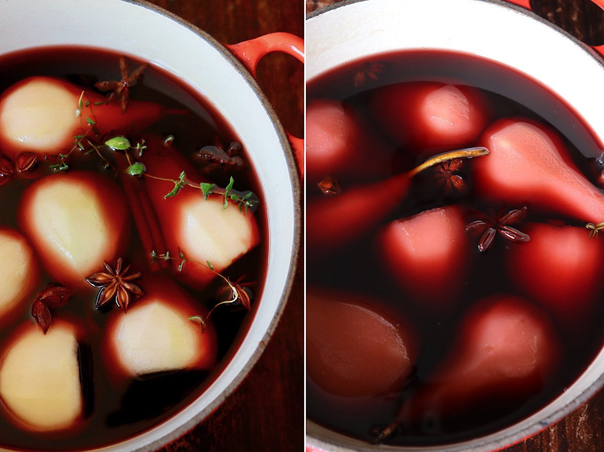 side by side photos of pears in port wine poaching liquid - one holds raw pears and the other poached