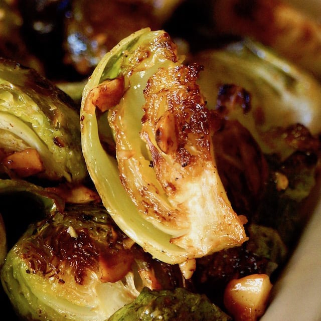 Close up of quartered brown butter brussels sprout