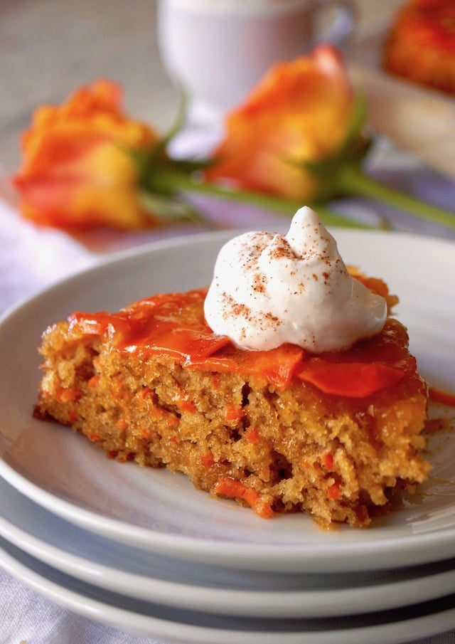 One slice of Upside Down Carrot Apricot Cake.