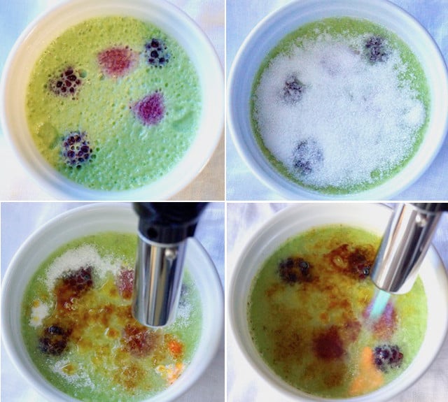 4 images of the process of how to brulee creme brulee.