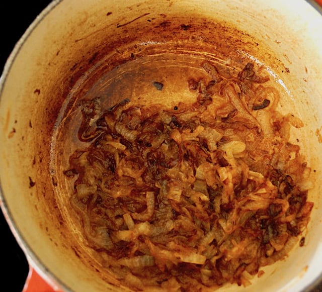 Caramelized onions in a pot.