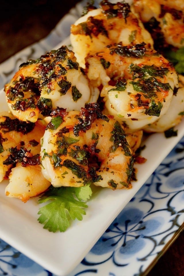 Spicy Cilantro Shrimp on a white plate