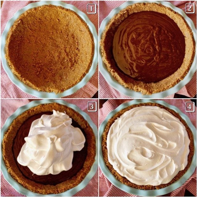 4 photos of the stages of filling the crust for Peanut Butter Chocolate Meringue Pie 