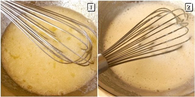 2 steps of making Swiss meringue with a whisk