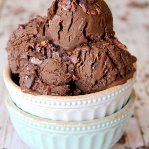 a few scoops of chocolate gelato in a white bowl