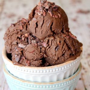 a few scoops of chocolate gelato in a white bowl