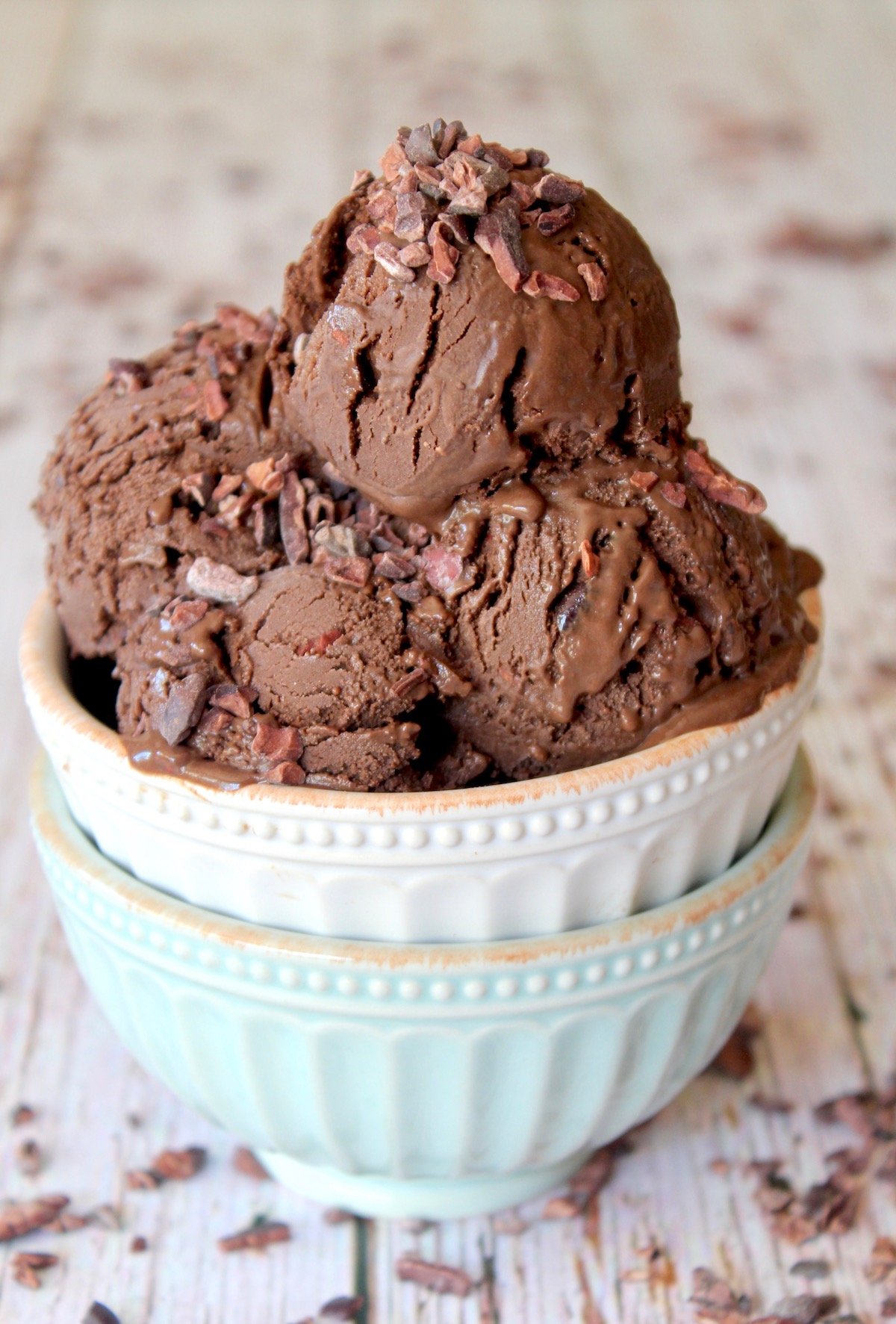 a few scoops of chocolate gelato in a white bowl