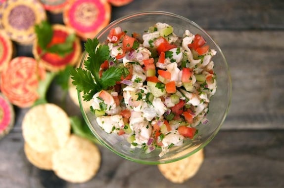 Top view of Tomatillo Shrimp Ceviche in a wine glass.