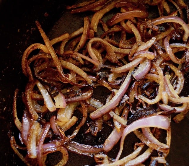 caramelized red onions in cast iron skillet