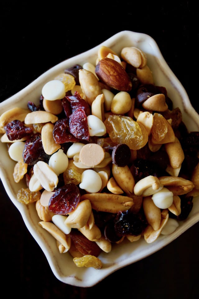 Small square bowl filled with trail mix