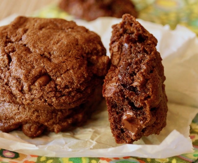 Chocoalte Avocado Cookie broken in half on parchment