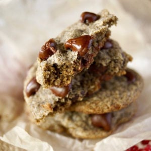 close up of broken Gluten-Free Buckwheat chocolate chip cookie