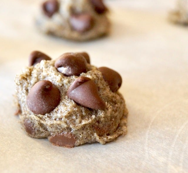 ball of gluten-free buckwheat cookie dough with chocolate chips on top