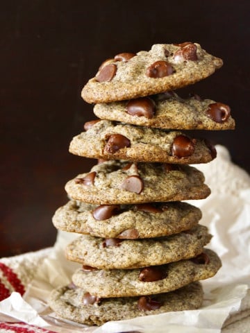 Tall stack of gluten-free buckwheat chocolate chip cookies