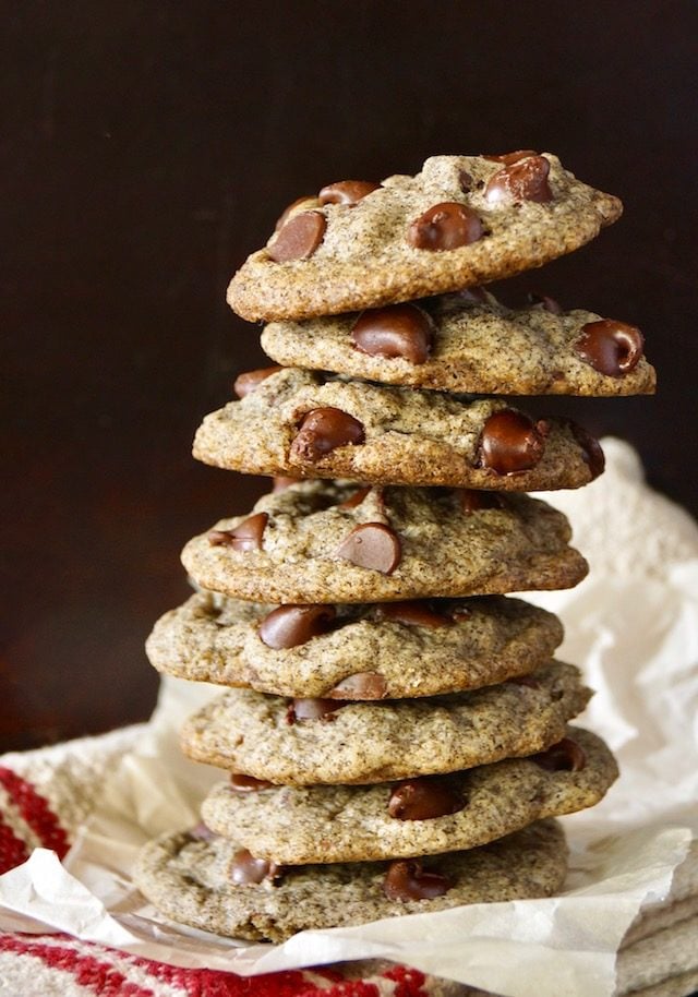Tall stack of gluten-free buckwheat chocolate chip cookies