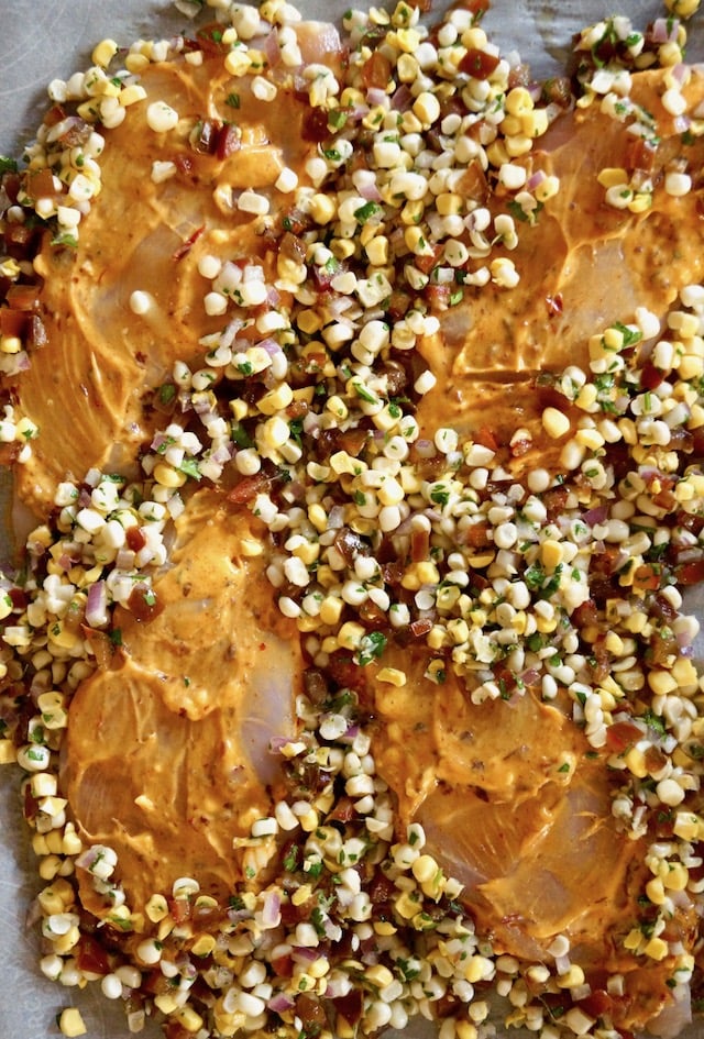 Sheet Pan Chipotle Chicken with Corn Salsa before going in the oven 