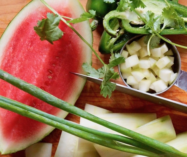 Ingredients for Watermelon Cucumber Salsa including watermelon, scallions, cucumber and jalapeno peppers
