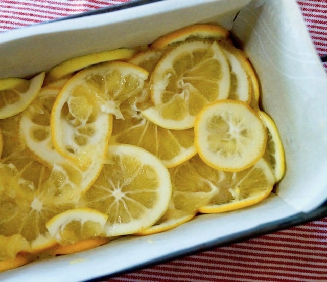 Layer of sliced lemons inside parchment-lined loaf pan.