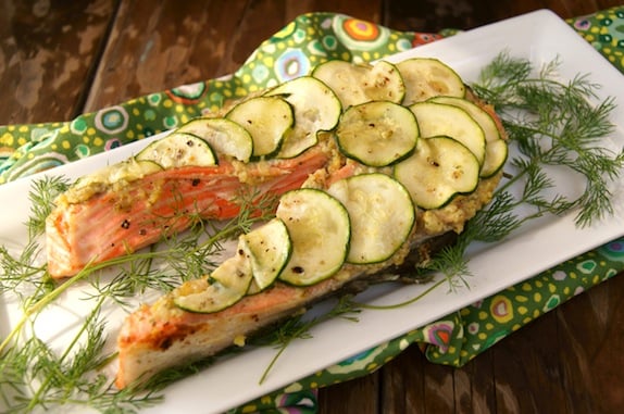 California King Salmon Recipe with thinly sliced zucchini rounds on top