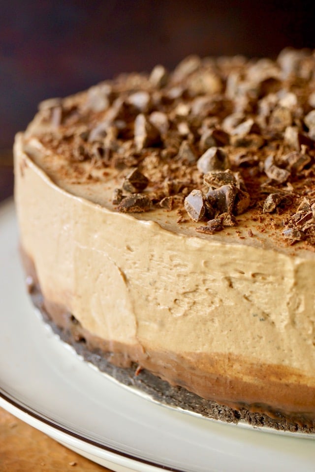 Close up of the edge of No-Bake Espresso Cheesecake with Ganache