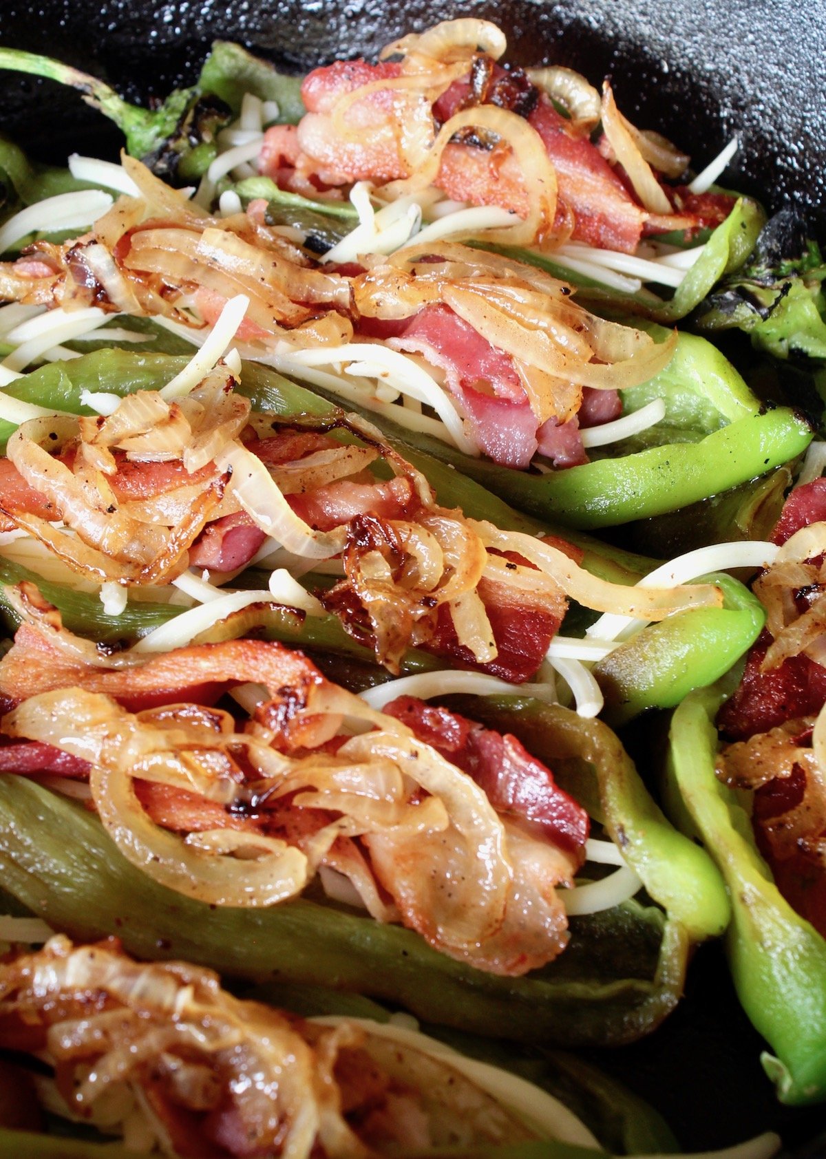 hatch chile peppers stuffed with cheese, bacon and onions