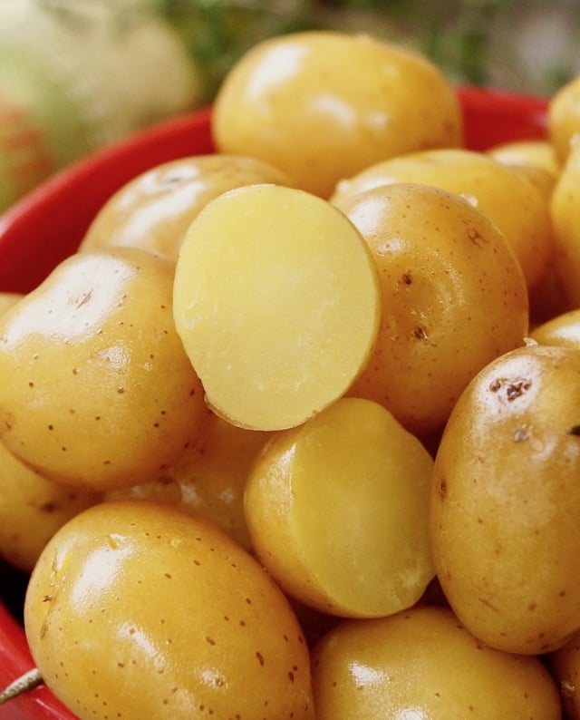 Baby Confit Potatoes sliced in red bowl