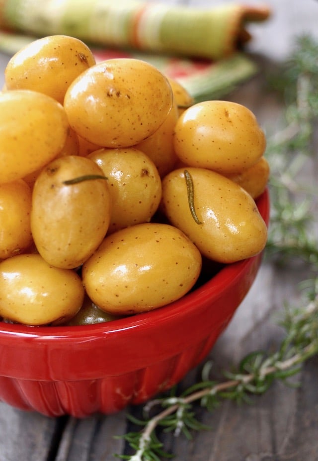 Baby Confit Potatoes in a red bowl