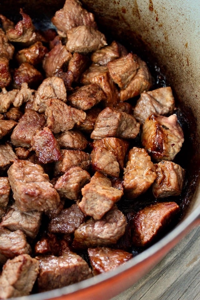 browned stew meat in pot