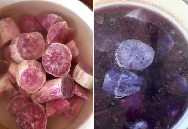 water with raw purple potatoes and water with cooked purple potatoes