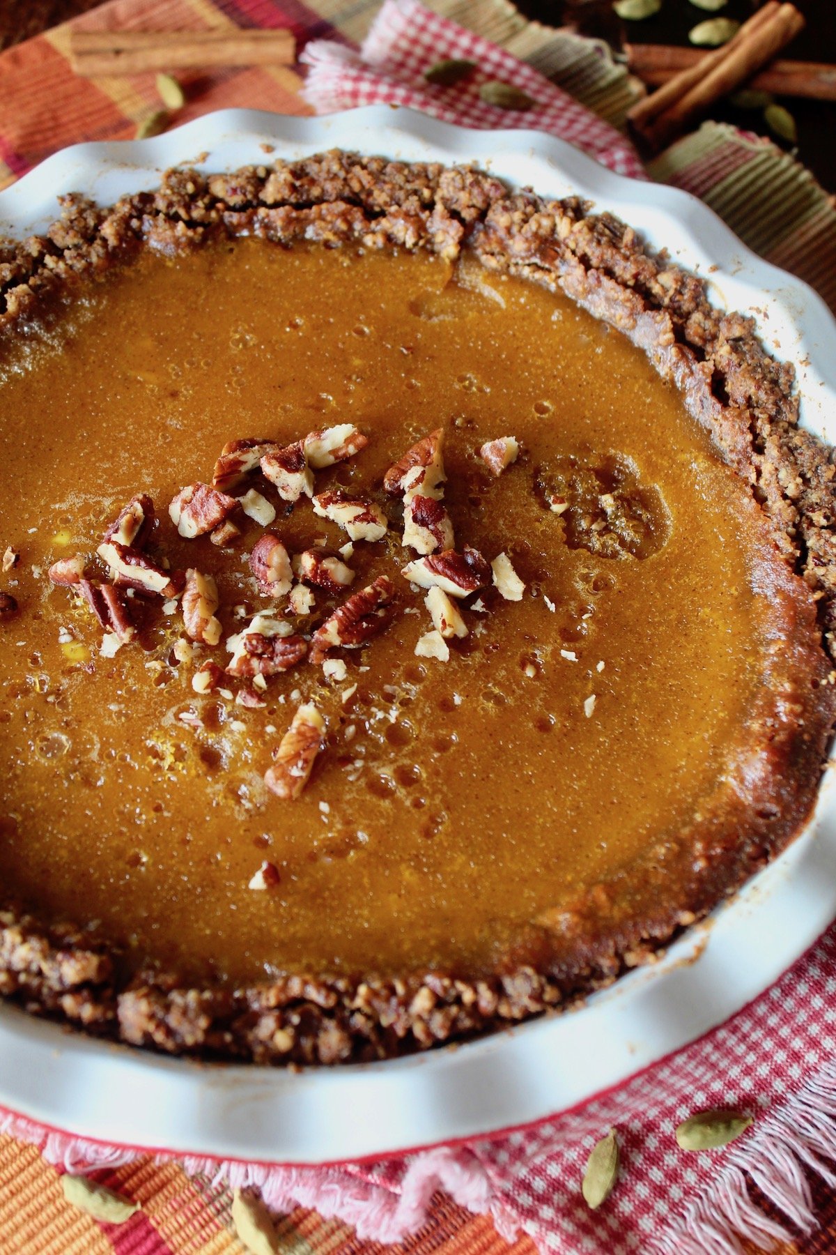 top view of Pecan Crusted Pumpkin Caramel Pie