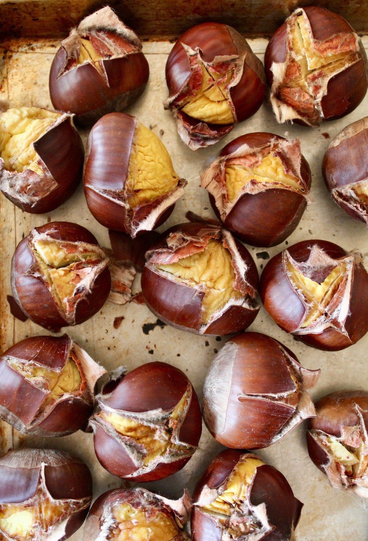 several chestnuts on baking sheet with shells split open