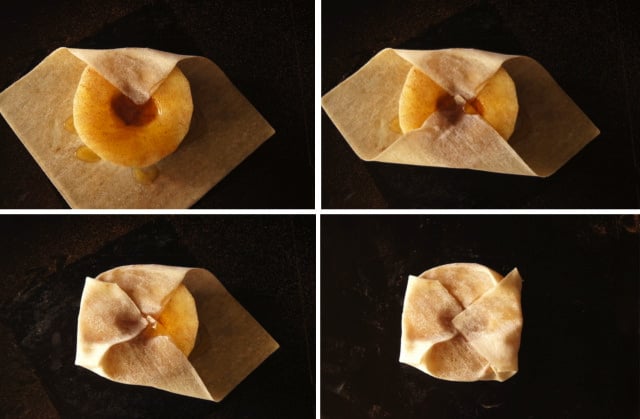 Honey Baked Korean Pears being wrapped in wonton wrappers