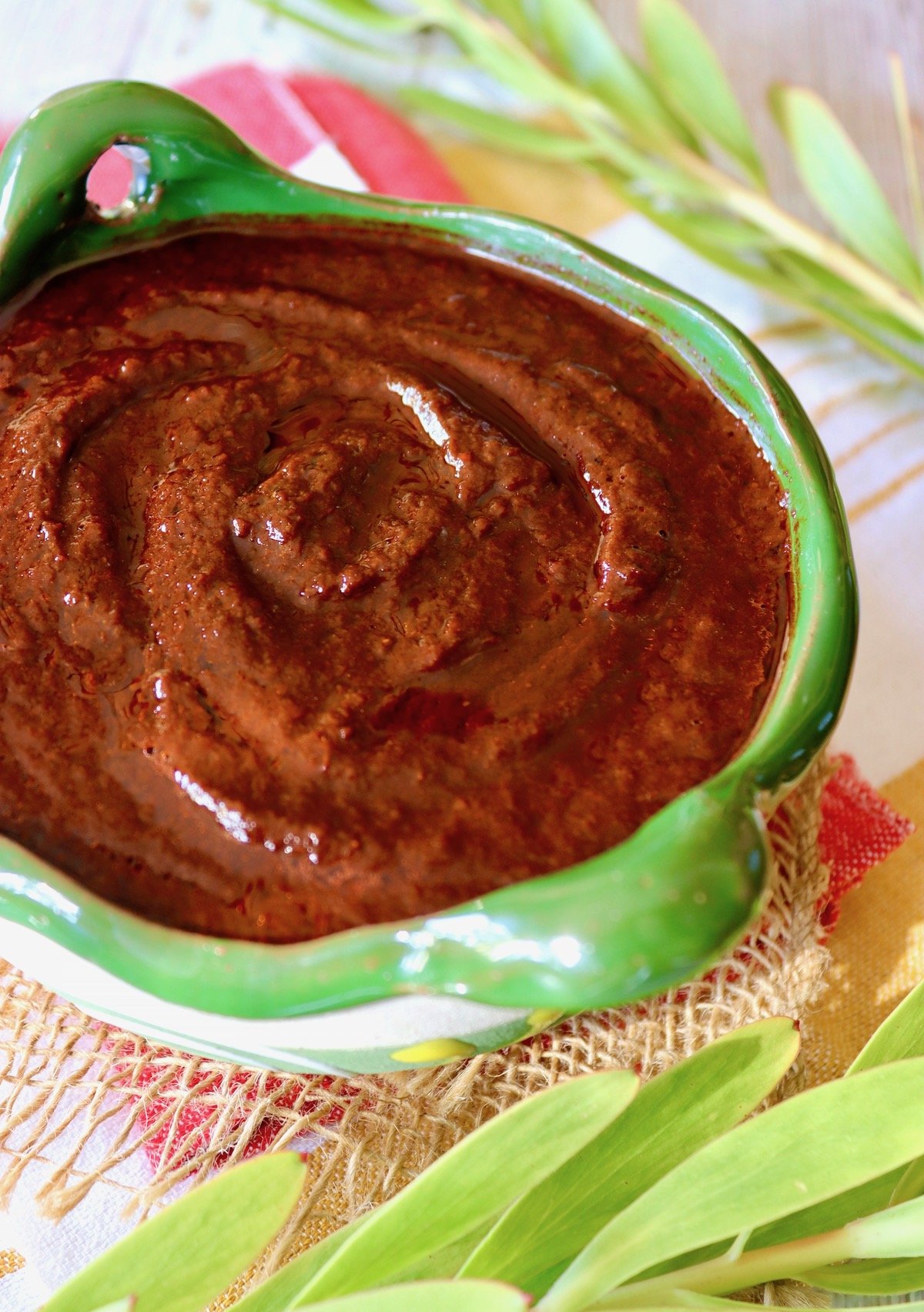 Green-rimmed bowl with Ancho chile sauce with greenery behind it.