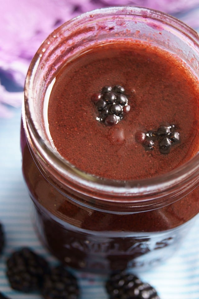 Blackberry Balsamic Vinaigrette in a Mason jar.