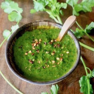 Small brown ceramic bowl with bright green chimichurri with chili flakes on top and a tiny wooden spoon.