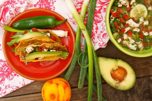 Halibut Blood Orange Ceviche tacos on a red plate with a green bowl with ceviche.