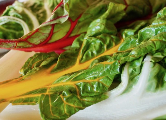 Yellow and red rainbow Swiss chard leaves.