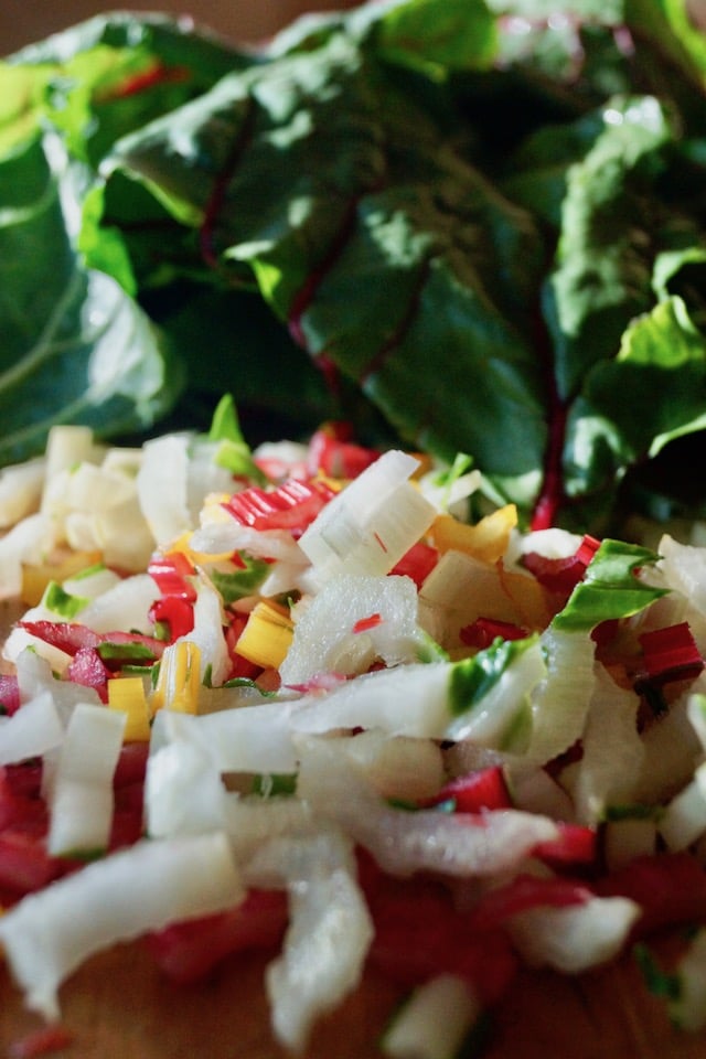 Chopped Swiss chard stems and whole leaves.